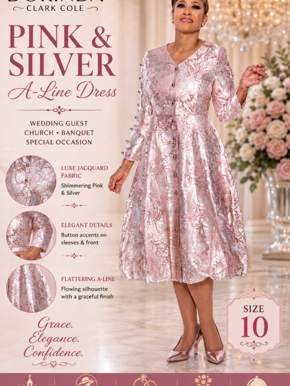 Dorinda Clark Cole Pink Silver Brocade A-Line Church Dress Size 10